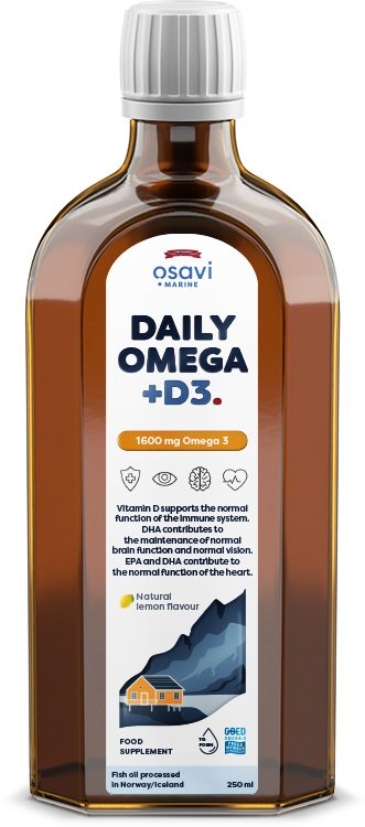 ओसावी, डेली ओमेगा + डी3, 1600 मिलीग्राम ओमेगा 3 (प्राकृतिक नींबू) - 250 मिली।