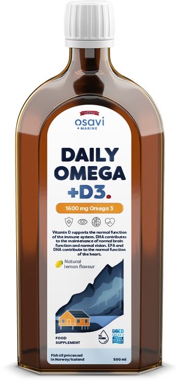 ओसावी, डेली ओमेगा + डी3, 1600 मिलीग्राम ओमेगा 3 (प्राकृतिक नींबू) - 500 मिली।