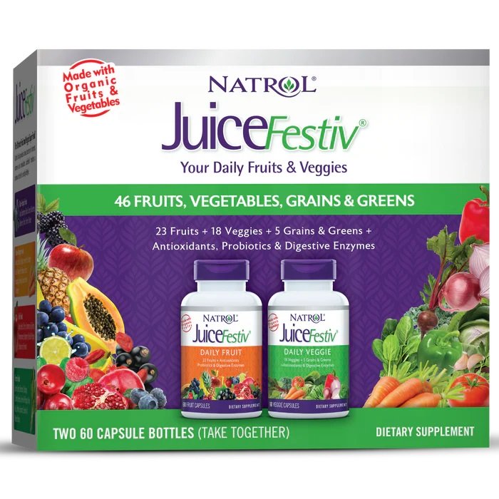 Natrol, JuiceFestiv Orgánico, Frutas y Verduras Diarias - 60 + 60 cápsulas