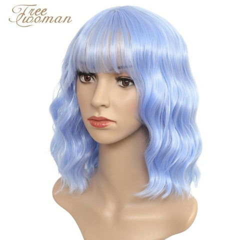 FREEWOMAN Green Synthetic Wig Lolita Short Bob Wig With Bangs Cosplay Water Wave Synthetic Hair Wigs For Women American Style