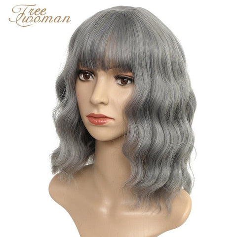 FREEWOMAN Green Synthetic Wig Lolita Short Bob Wig With Bangs Cosplay Water Wave Synthetic Hair Wigs For Women American Style