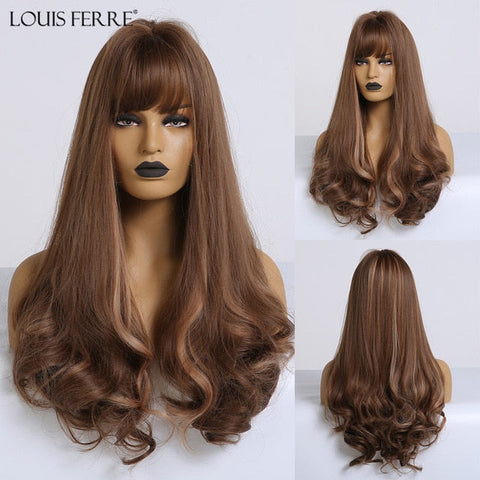 LOUIS FERRE Long Black Brown Gloden Honey Wavy Wig with Highlights Cosplay Synthetic Wigs Women Heat Resistant Middle Part Wigs