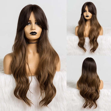 LOUIS FERRE Long Black Brown Gloden Honey Wavy Wig with Highlights Cosplay Synthetic Wigs Women Heat Resistant Middle Part Wigs