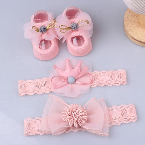 3Pcs/Set Lace Flower Baby Girl Headband Socks Set Crown Bows Newborn Hairband Headbands For Girls Turban Baby Hair Accessories