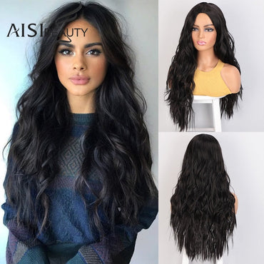 AISI BEAUTY Long Wavy Womens Wig Natural Part Side Hair Ombre Synthetic Wigs Platinum/Blonde/Black Wigs Heat Resistant for Women