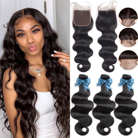 BEAUDIVA Brazilian Hair Body Wave 3 Bundles With Closure Human Hair Bundles With Closure Lace Closure Remy Human Hair Extension