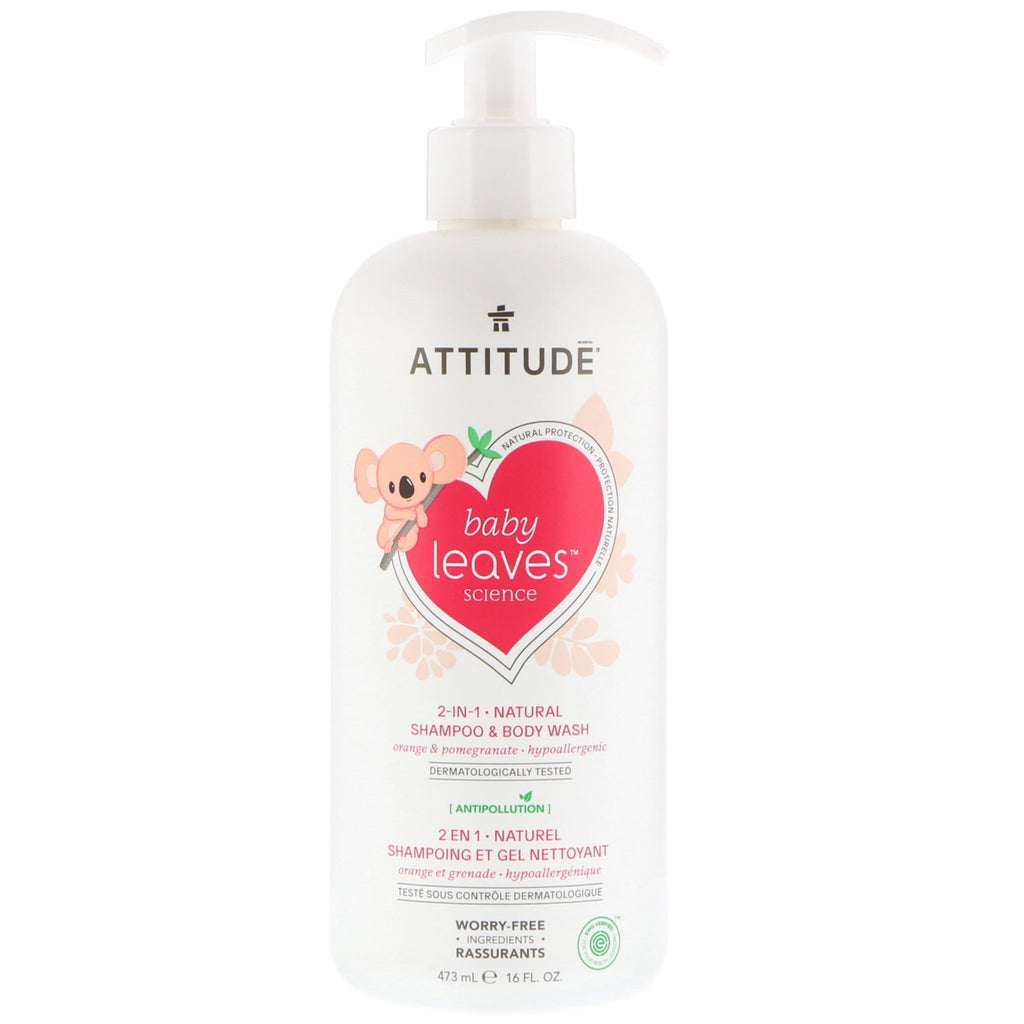 ATTITUDE, Baby Leaves Science, 2-i-1 Natural Shampoo & Body Wash, Appelsin & Granatæble, 16 fl oz (473 ml)
