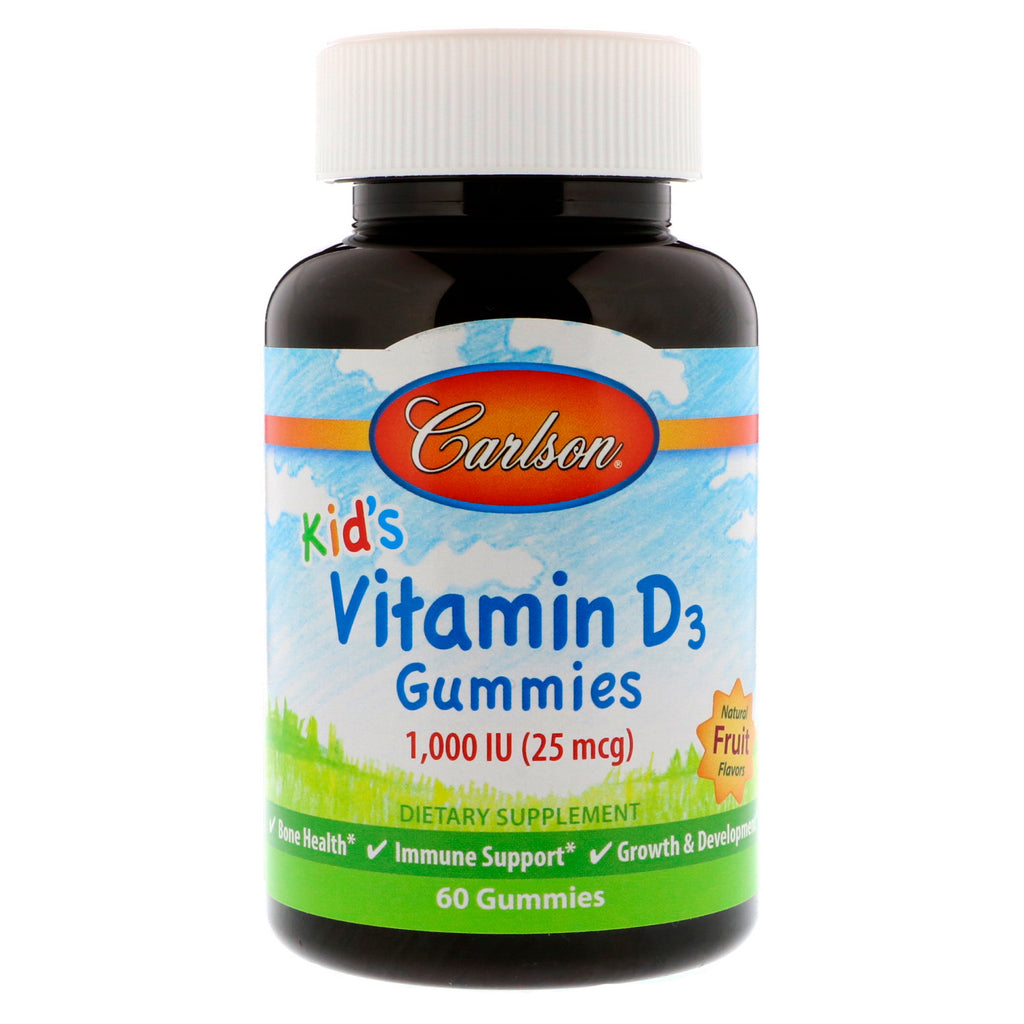 Carlson Labs, caramelle gommose alla vitamina D3, per bambini, aromi naturali di frutta, 1.000 UI, 60 caramelle gommose