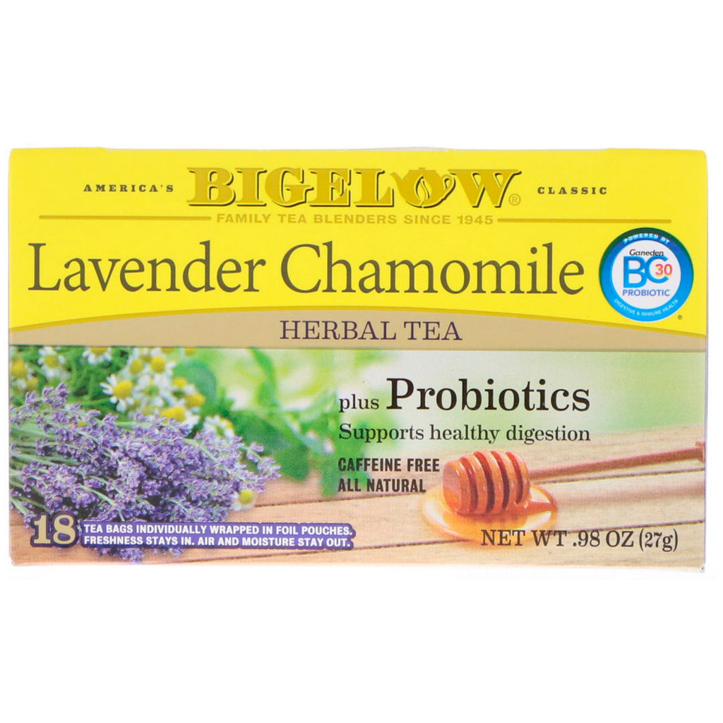 Bigelow, urtete, lavendel kamille pluss probiotika, 18 teposer, 0,98 oz (27 g)