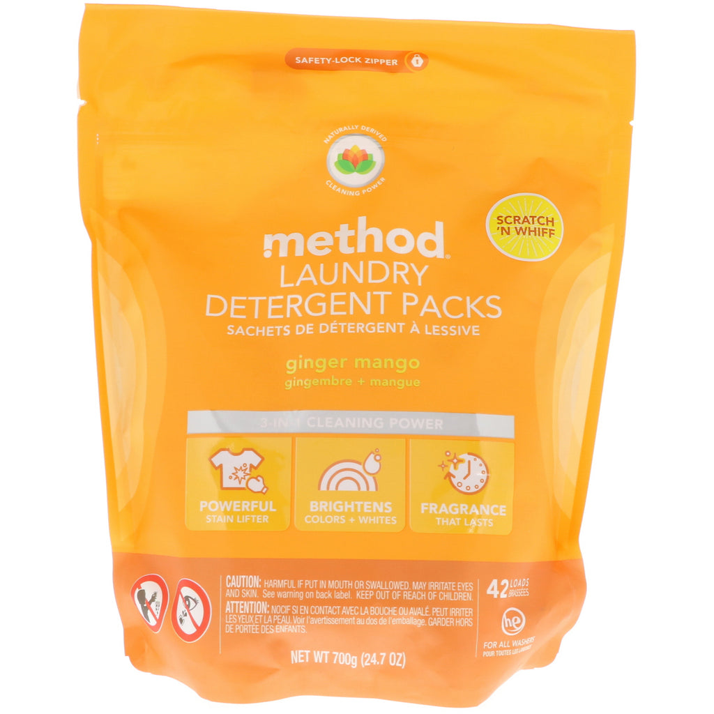 Method, Paquetes de detergente para ropa, jengibre y mango, 42 cargas, 24,7 oz (700 g)