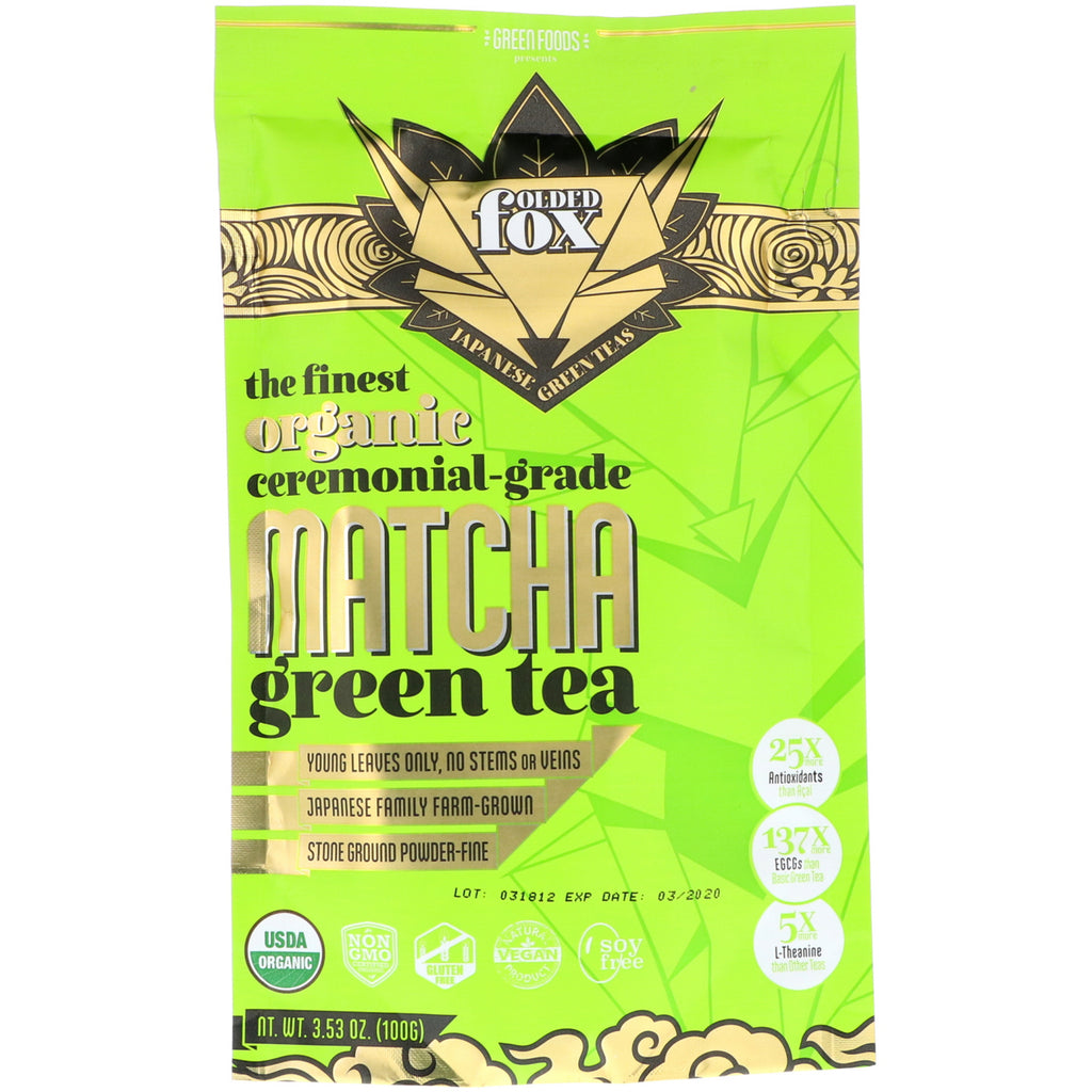 Green Foods Corporation, שועל מקופל, תה ירוק מאצ'ה, 3.53 אונקיות (100 גרם)