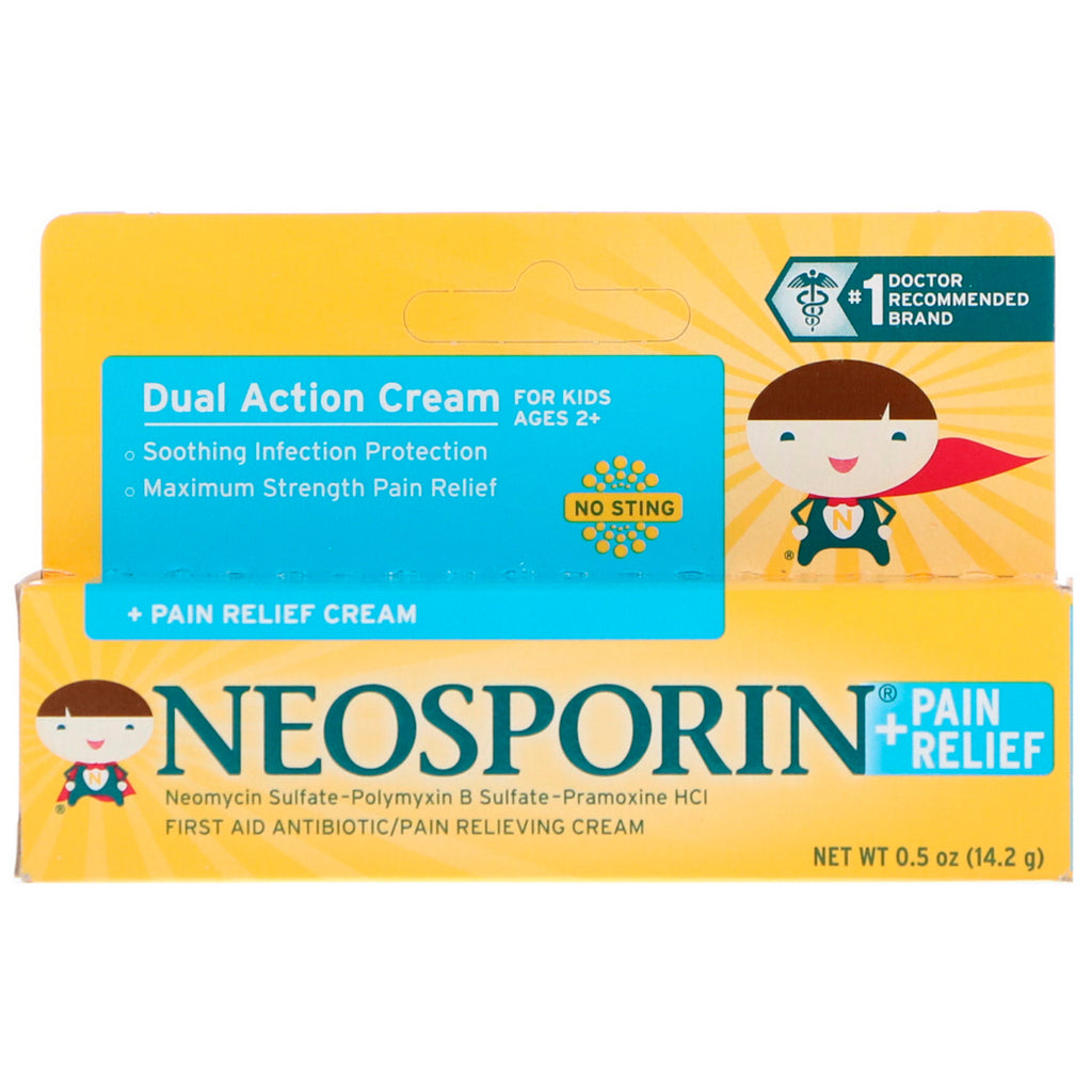 Neosporin, Dual Action Cream, Pain Relief Cream, for barn i alderen 2+, 0,5 oz (14,2 g)