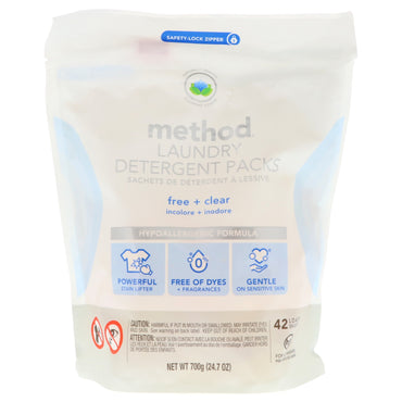 Method, Laundry Detergent Packs, Free + Clear, 42 Loads, 24.7 oz (700 g)