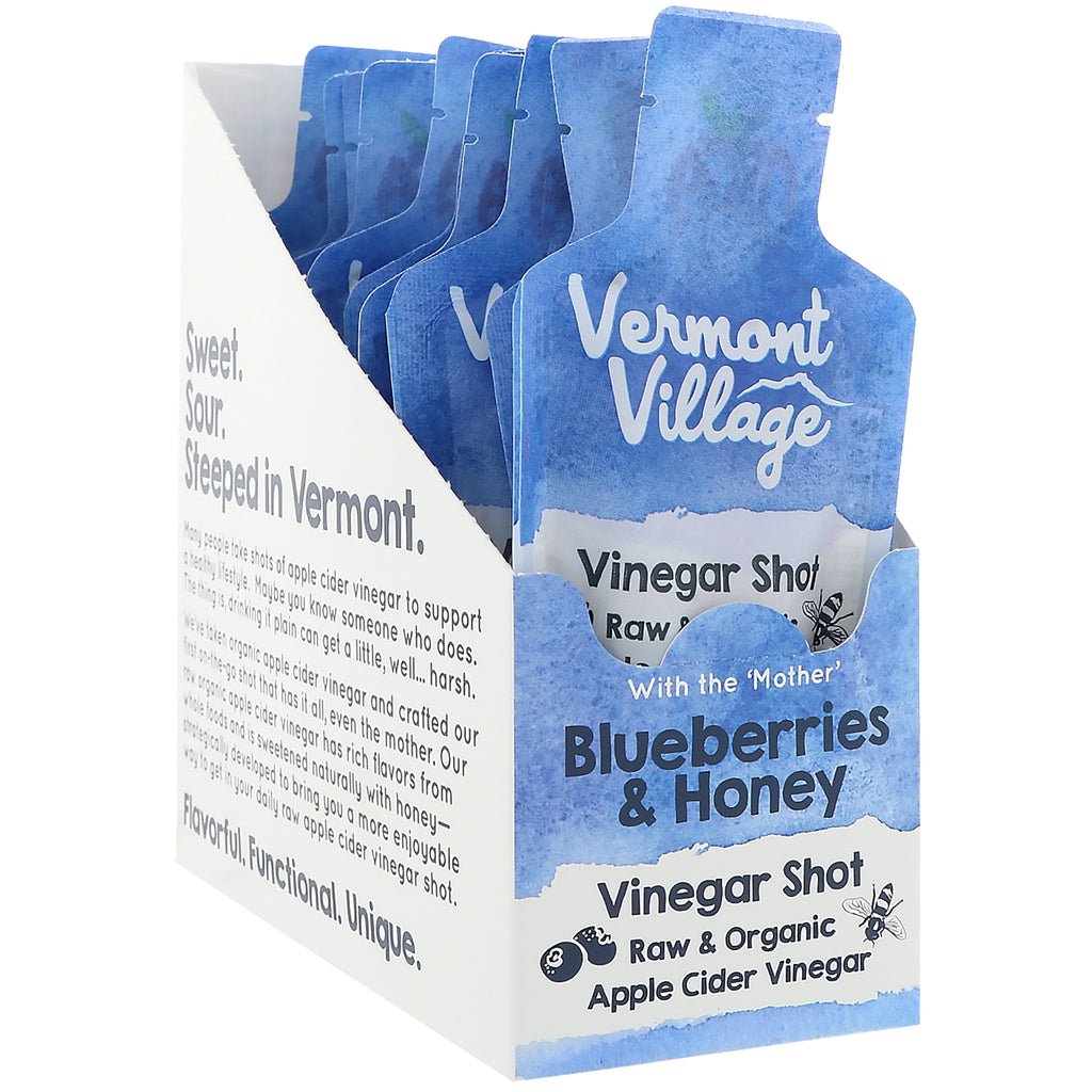Vermont Village Vinegar Shots، ، جرعة خل التفاح، التوت الأزرق والعسل، 12 كيسًا، 1 أونصة (28 جم) لكل كيس