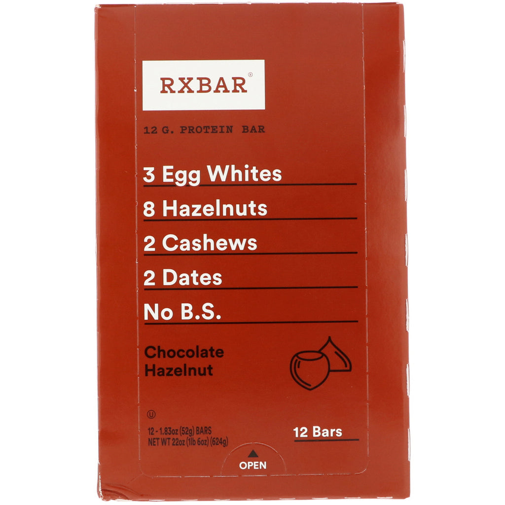 RXBAR, Barra de Proteínas, Chocolate e Avelã, 12 Barras, 52 g (1,83 oz) Cada