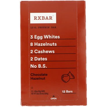RXBAR, barra de proteína, chocolate y avellanas, 12 barras, 1,83 oz (52 g) cada una