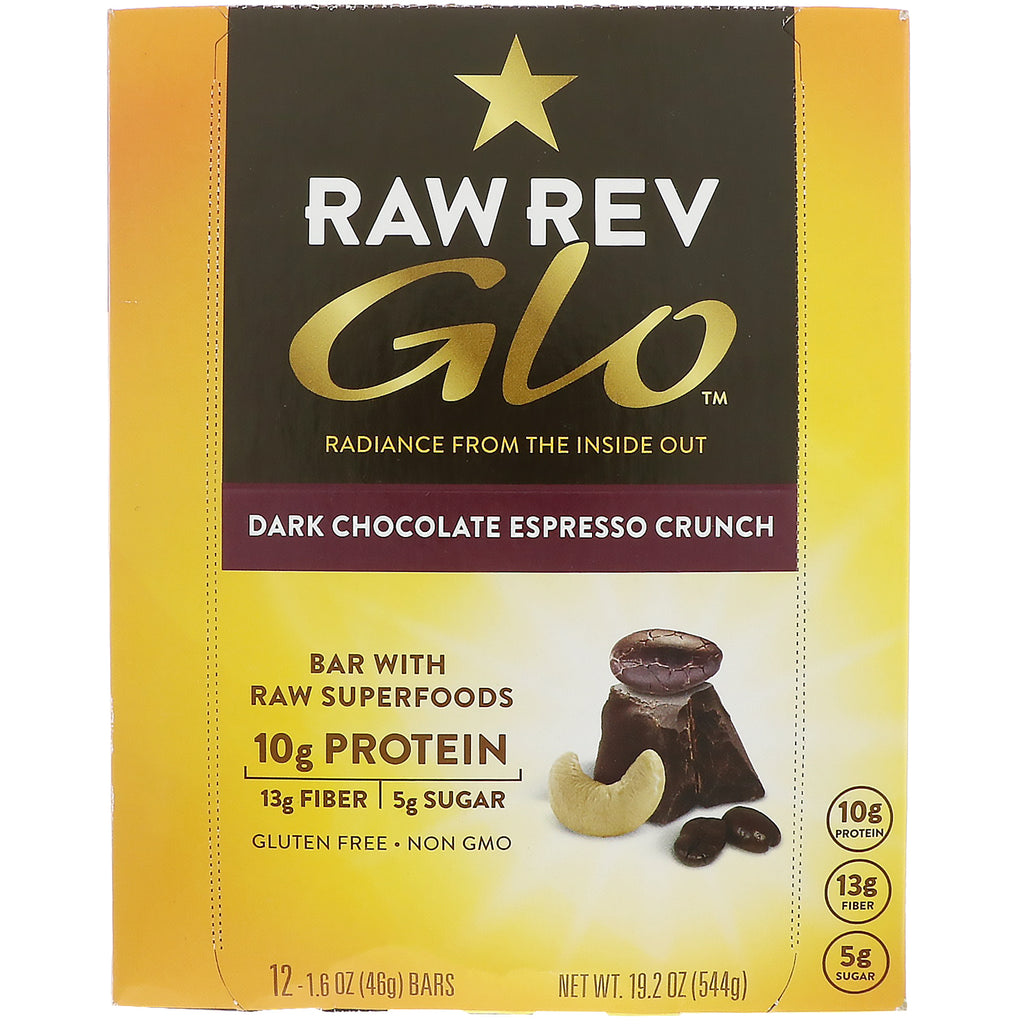 Raw Revolution, Glo, Espresso Crunch de ciocolată neagră, 12 batoane, 1,6 oz (46 g) fiecare