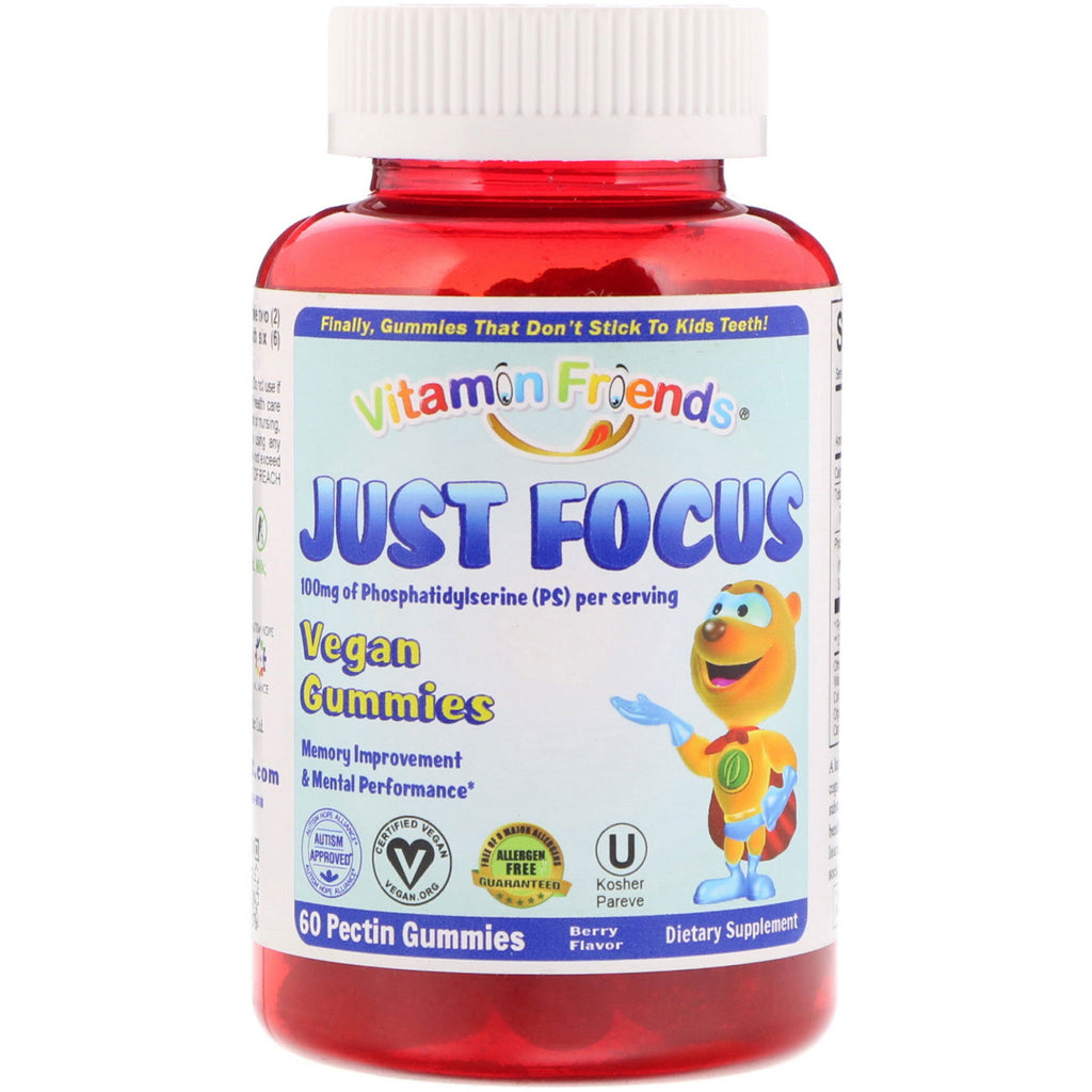 Vitamin Friends, Just Focus, gommes végétaliennes, saveur de baies, 60 gommes à la pectine