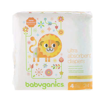BabyGanics, ultraabsorberende bleier, størrelse 4, 22-37 lbs, (10-17 kg), 24 bleier