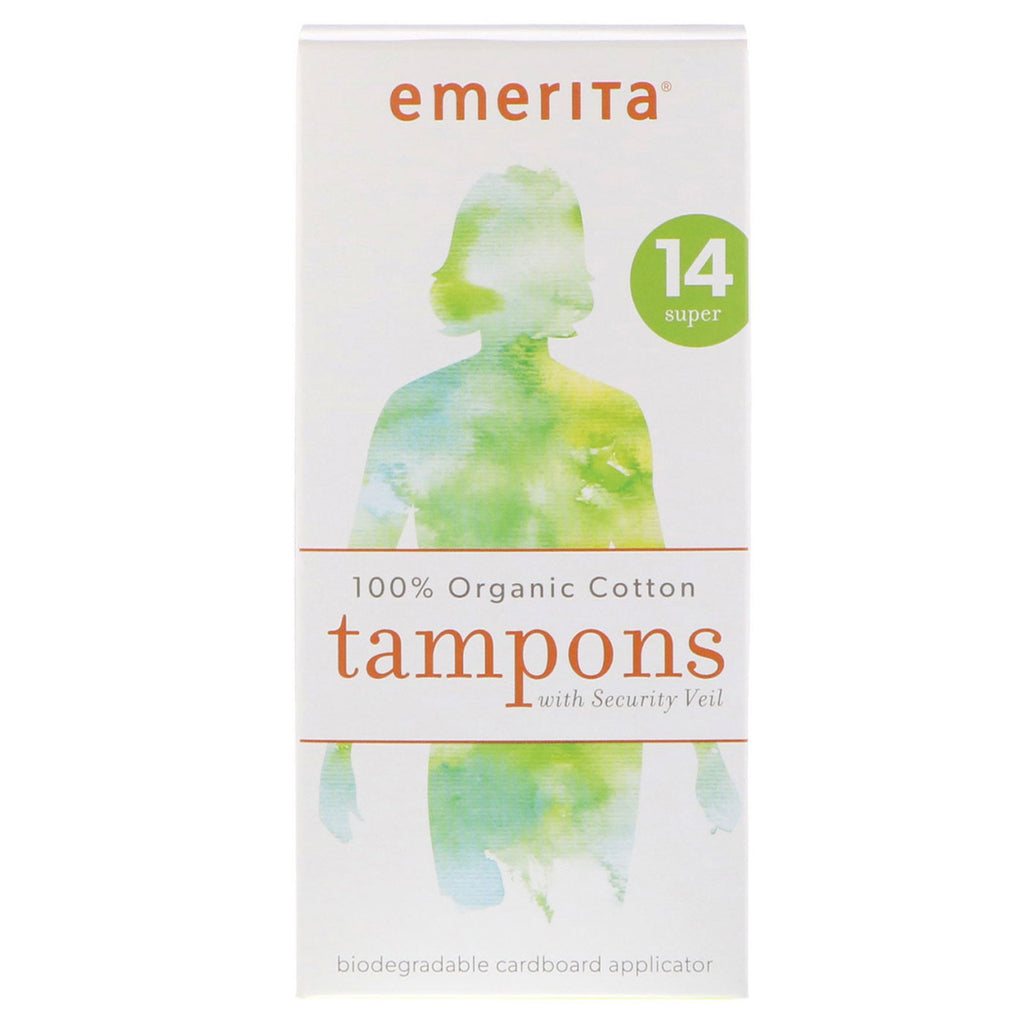 Emerita, Tampons 100 % coton avec voile de sécurité, Super, 14 tampons