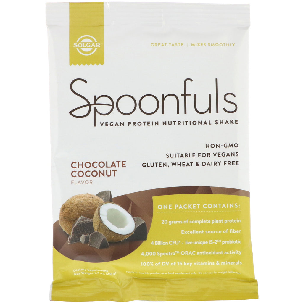 Solgar, Spoonfuls, Shake Nutricional de Proteína Vegana, Chocolate e Coco, 49 g (1,7 oz)