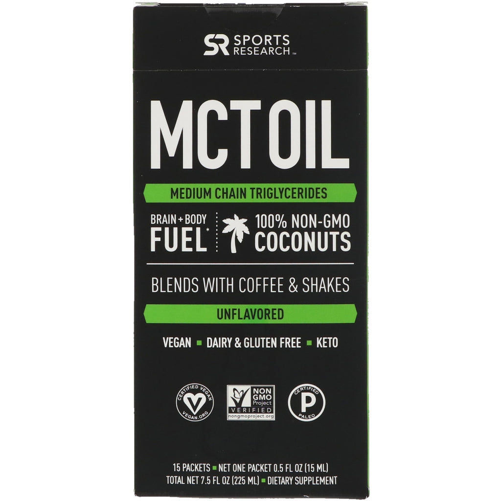Sports Research, MCT Oil, Unflavored, 15 paket, 0,5 fl oz (15 ml) vardera