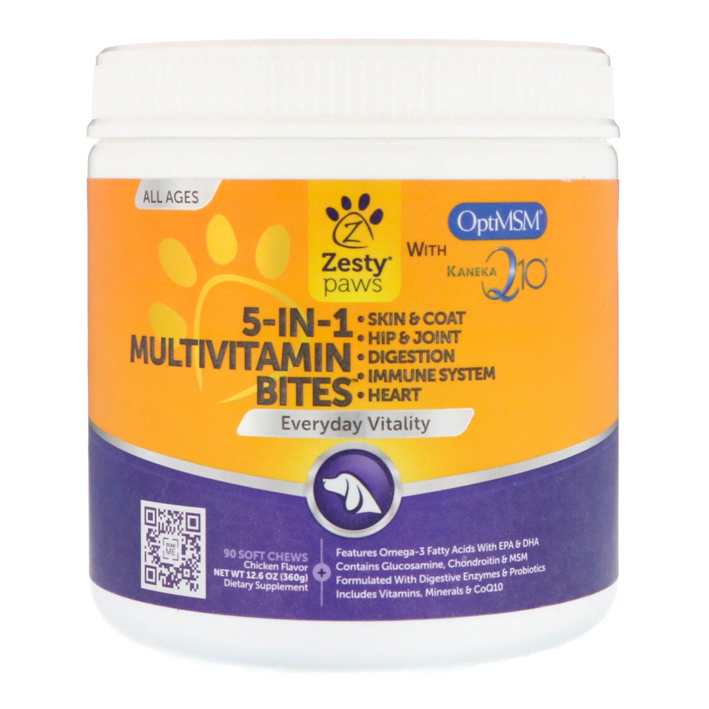 Zesty Paws, 5-In-1 Multivitamin Bites for Dogs, Everyday Vitality, All Ages, Chicken Flavor, 90 Soft Chews
