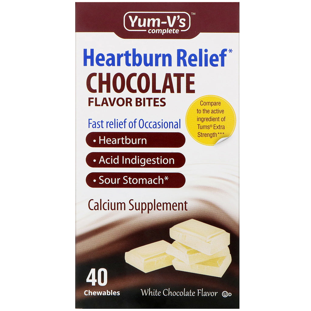 Yum-V's, Halsbränna Relief Choklad Smak Bites, Vit Choklad Smak, 40 Tuggbar