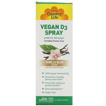 Country Life, spray D3 vegan, aromă de boabe de vanilie, 2.000 UI (50 mcg), 150 spray-uri ingerabile, 0,81 fl oz (24 ml)