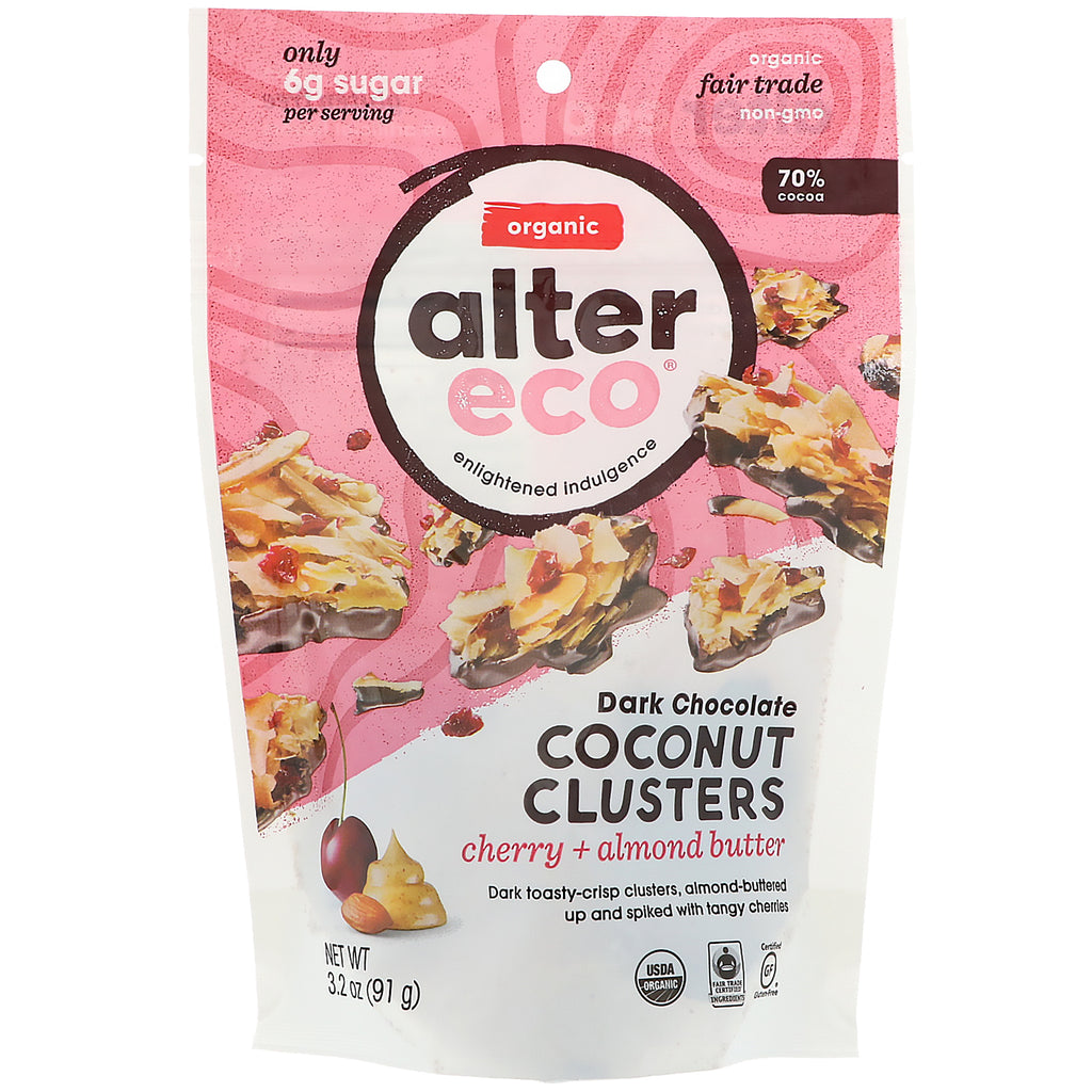Alter Eco, ダークチョコレートココナッツクラスター、チェリー + アーモンドバター、3.2 oz (91 g)