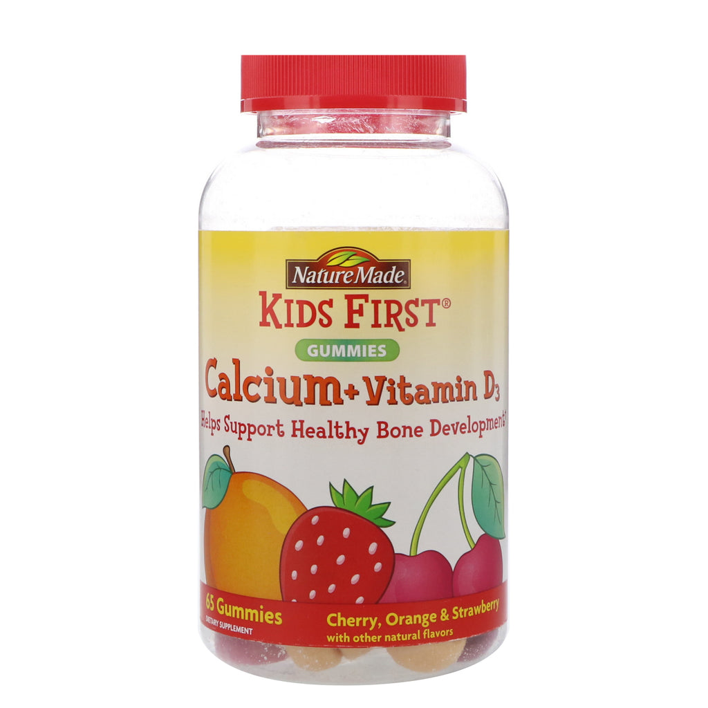 Naturliggjort, børn først, calcium + vitamin D3 gummier, kirsebær, appelsin og jordbær, 65 gummier
