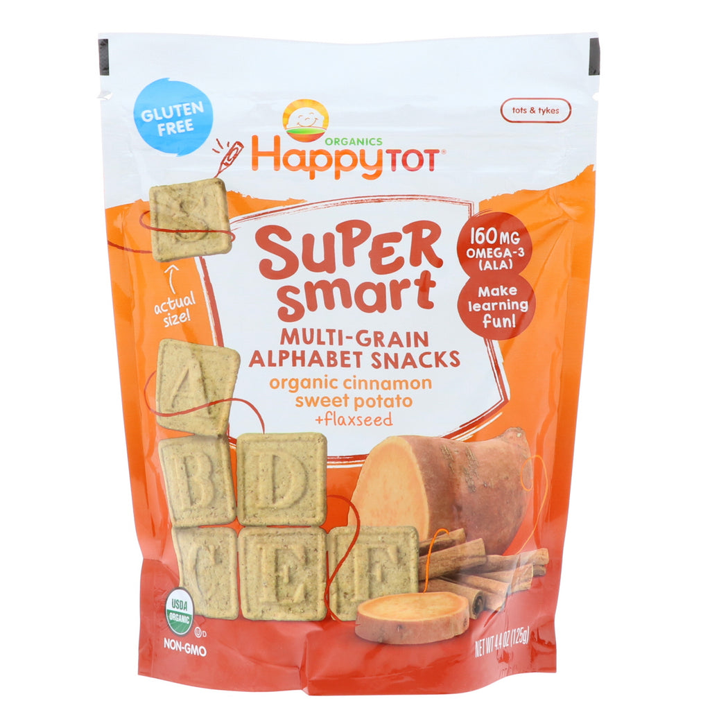 (Happy Baby) وجبات خفيفة من Happy Tot Super Smart متعددة الحبوب الأبجدية والقرفة والبطاطا الحلوة + بذور الكتان 4.4 أونصة (125 جم)