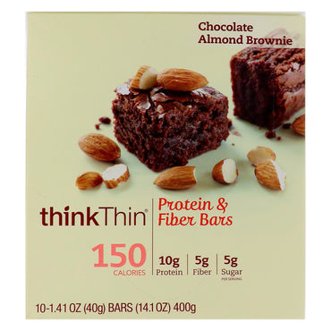 ThinkThin Barras de proteína y fibra Brownie de chocolate y almendras 10 barras 1,41 oz (40 g) cada una