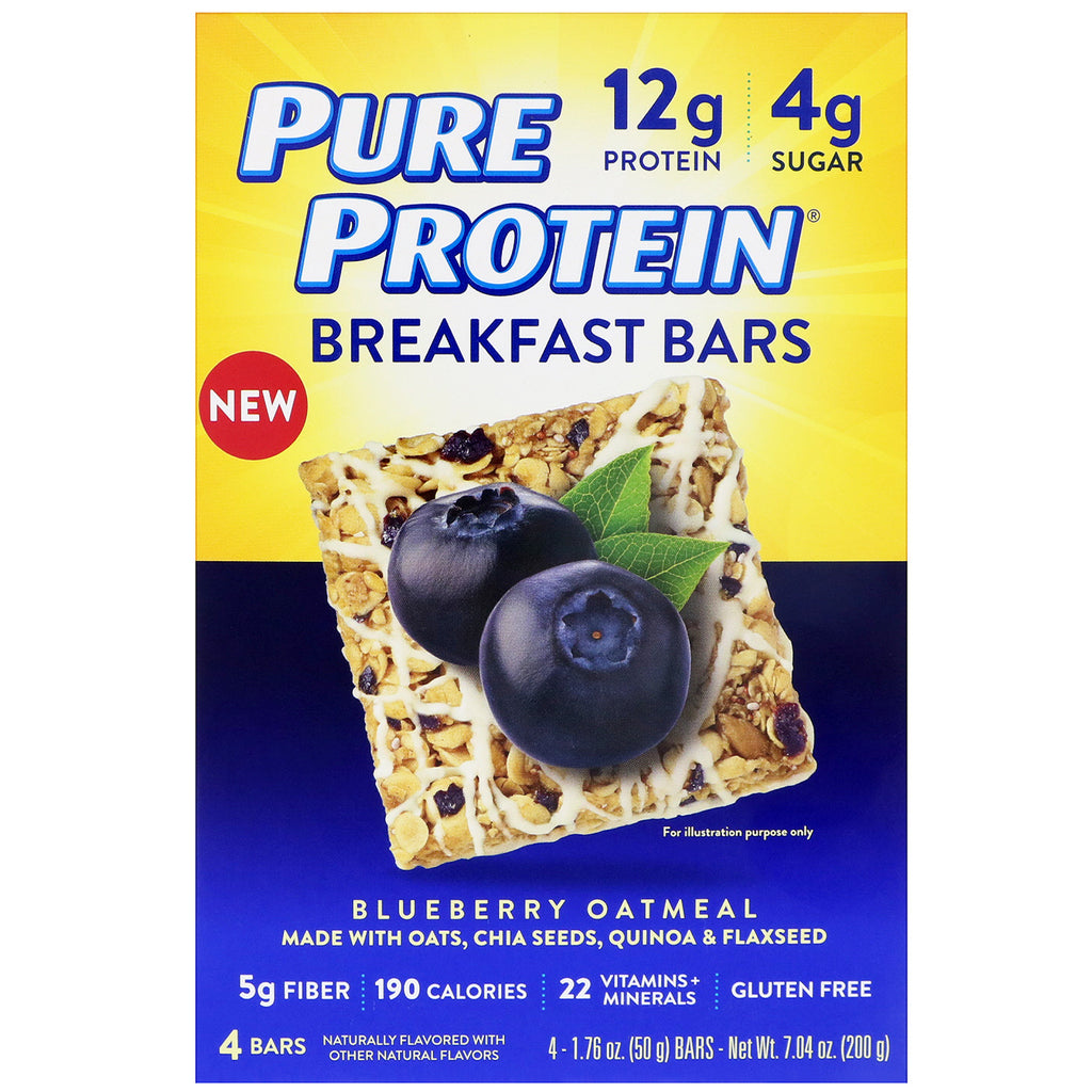 Proteine ​​pure, batoane pentru micul dejun, fulgi de ovăz cu afine, 4 batoane, 1,76 oz (50 g) fiecare