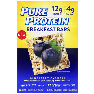 Pure Protein, Frühstücksriegel, Blaubeer-Haferflocken, 4 Riegel, je 1,76 oz (50 g).