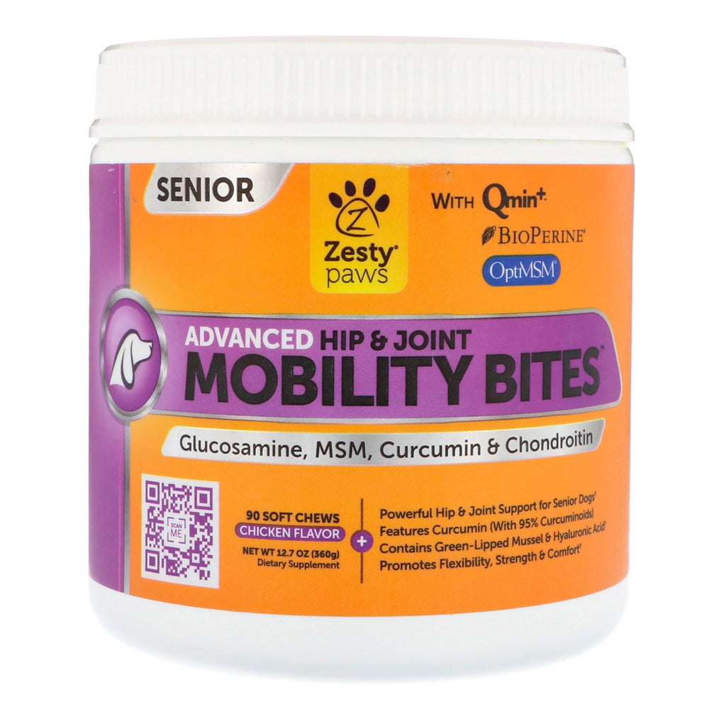 Zesty Paws, Mobility Bites for Dogs, Advanced Hip & Joint, Senior, Sabor Frango, 90 Soft Chew