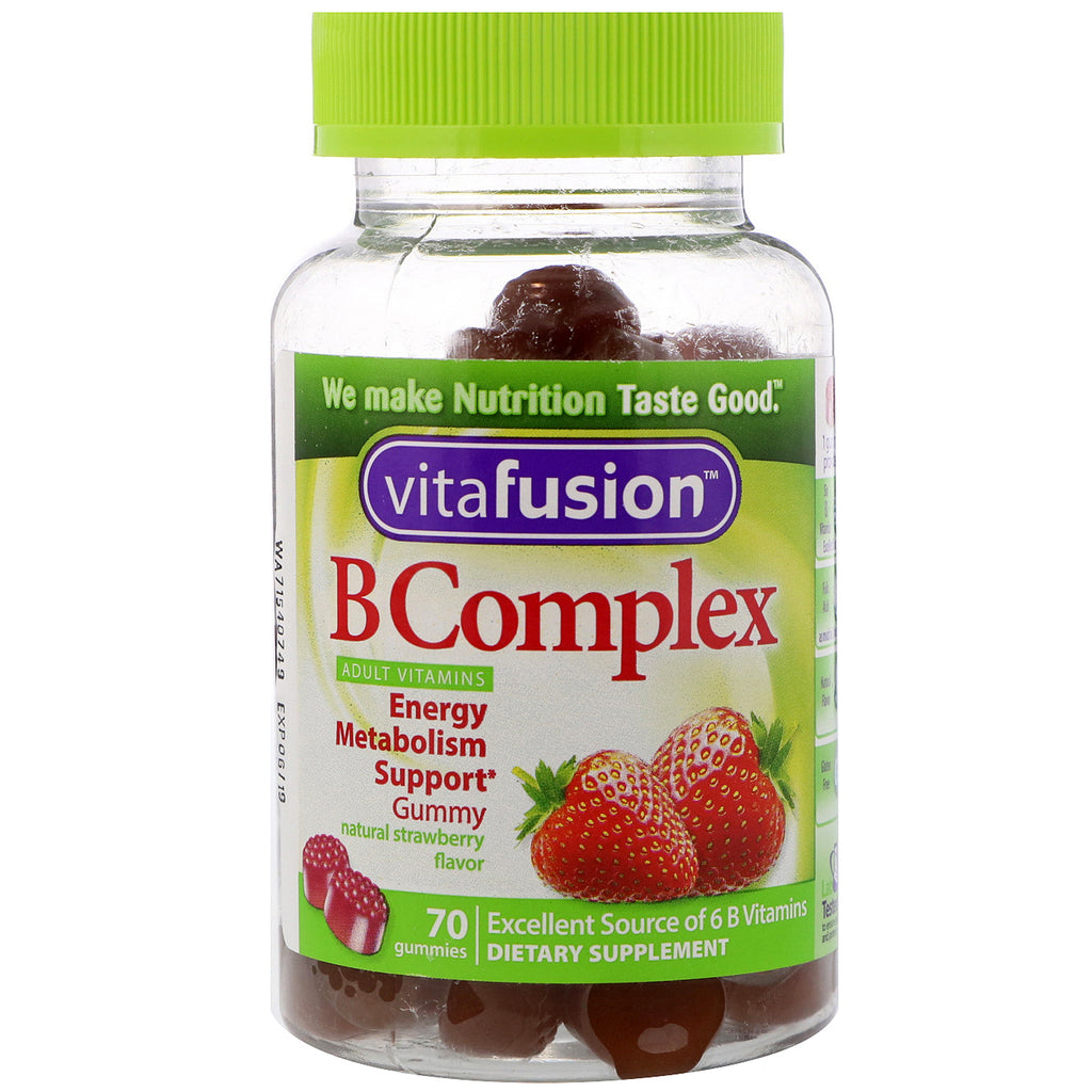 Vitafusion, B קומפלקס ויטמינים למבוגרים, טעם תות טבעי, 70 גומי