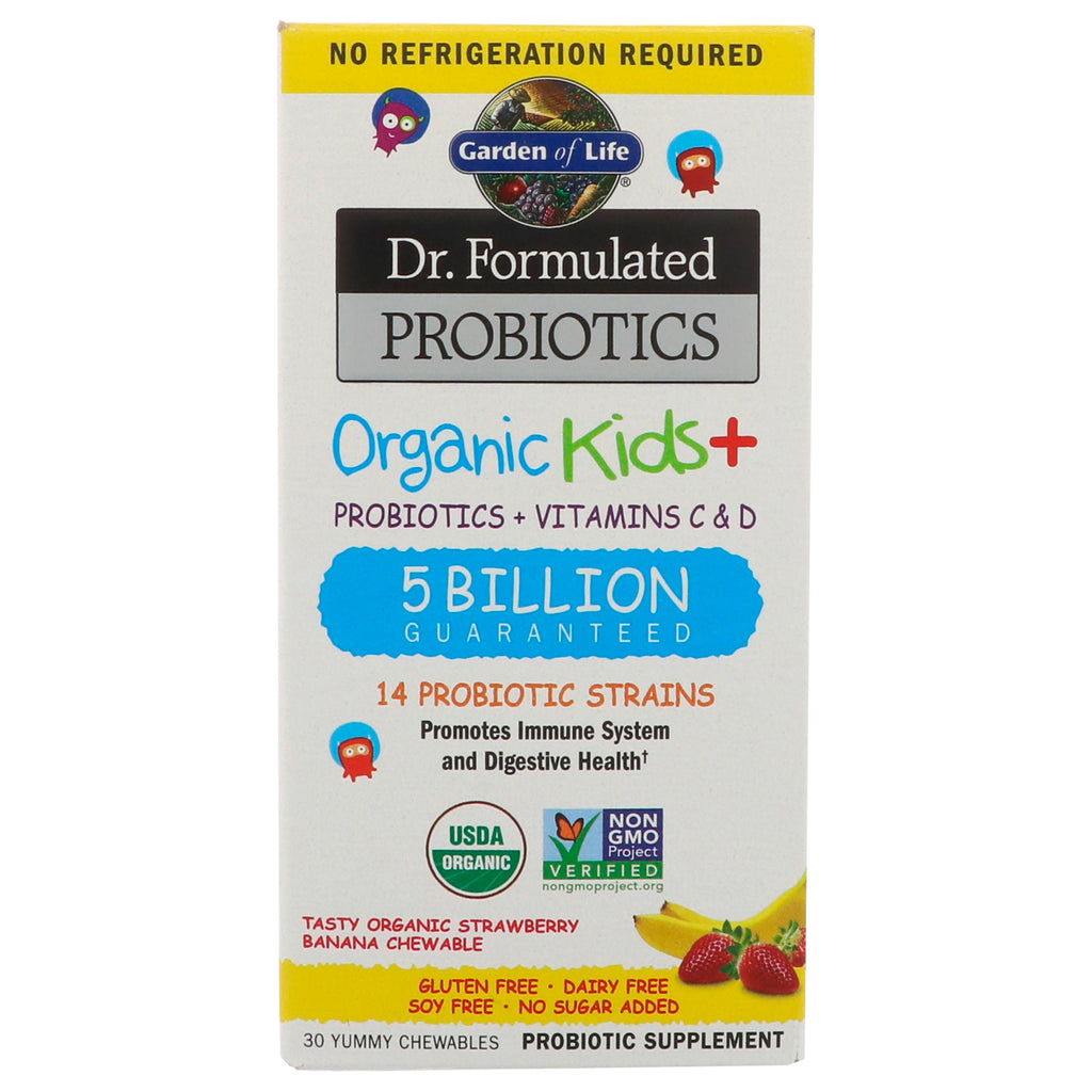 Garden of Life, Dr. Formulert Probiotics Kids+, Probiotika + Vitaminer C & D, 5 milliarder, velsmakende jordbærbanan, 30 deilige tyggevarer