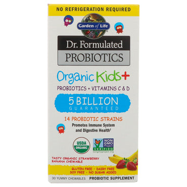 Garden of Life, Dr. Formulerade Probiotika Kids+, Probiotika + Vitaminer C & D, 5 miljarder, Smakfull Jordgubbsbanan, 30 smaskiga tuggbara