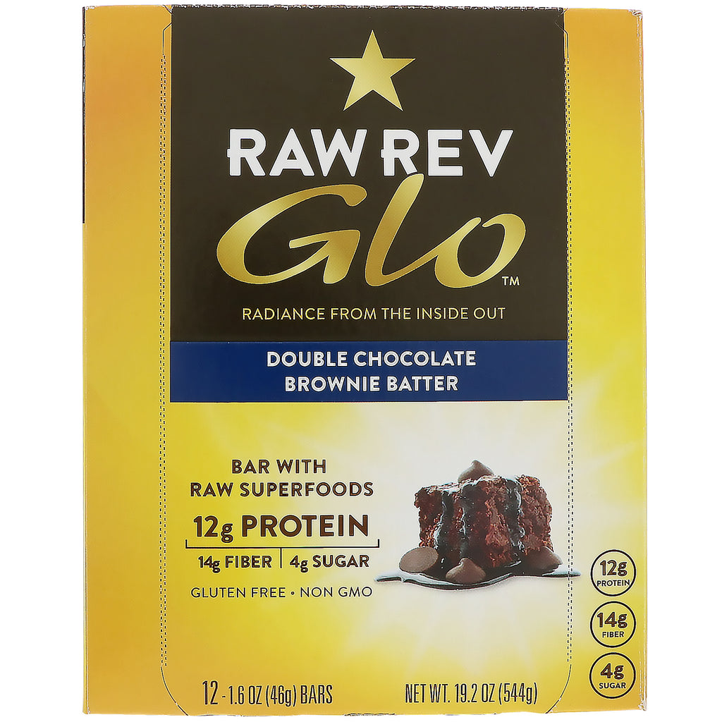 Raw Revolution, Glo, dobbel sjokoladebrowniedeig, 12 barer, 1,6 oz (46 g) hver