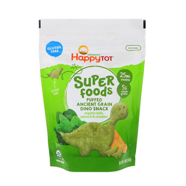 Nurture Inc. (Happy Baby) s Happy Tot Super Foods Puffed Ancient Grain Dino Snack Grönkål Spenat & Cheddar 1,48 oz (42 g)