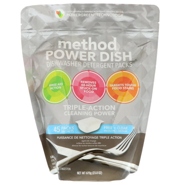 Method, Power Dish, paquetes de detergente para lavavajillas, gratis + transparente, 45 paquetes, 23,8 oz (675 g)