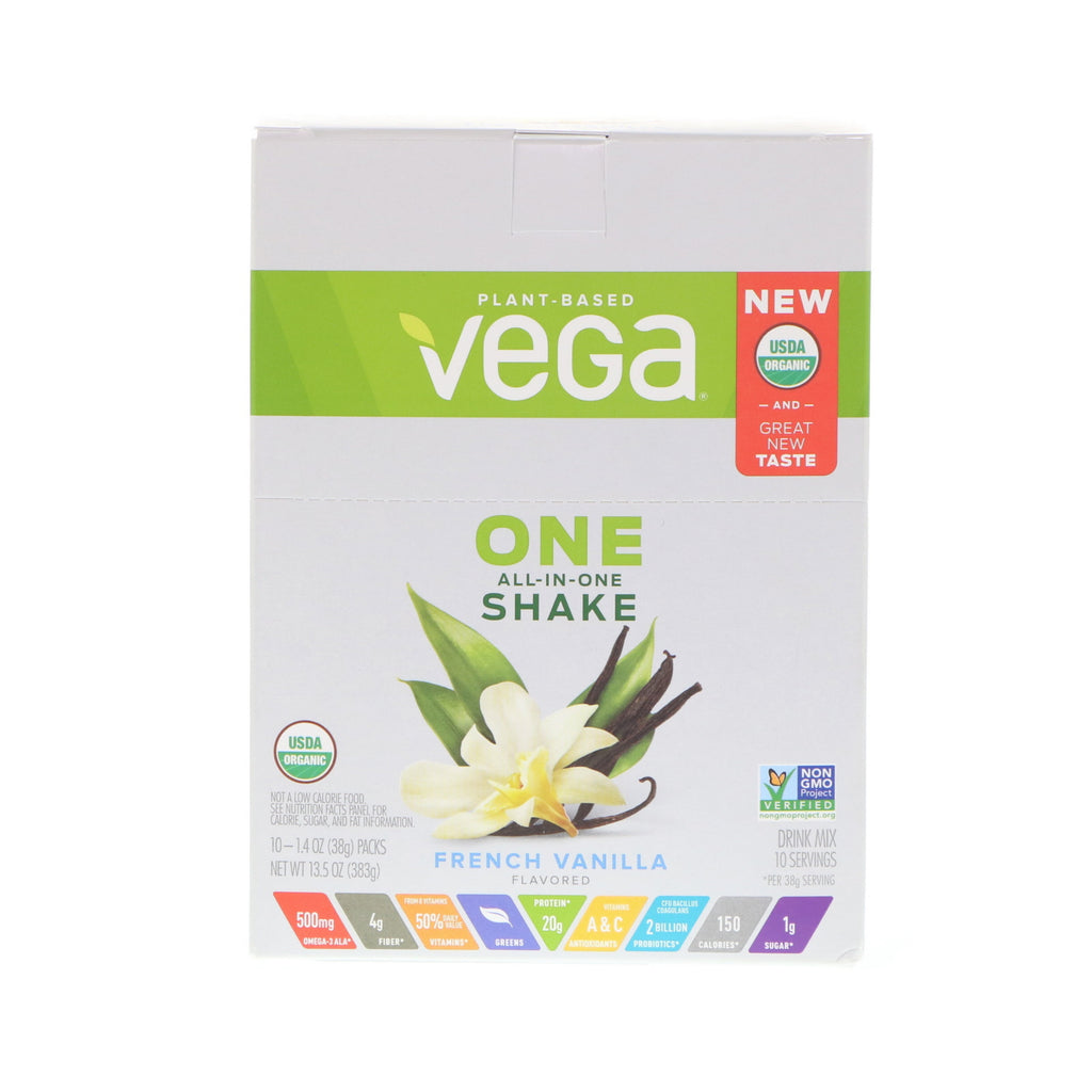 Vega, én, alt-i-ett-shake, fransk vanilje, 10 pakker, 1,4 oz (38 g) hver