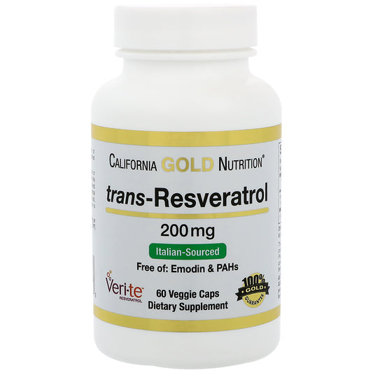 California Gold Nutrition Trans-resvératrol 98 % pur 200 mg 60 gélules végétariennes