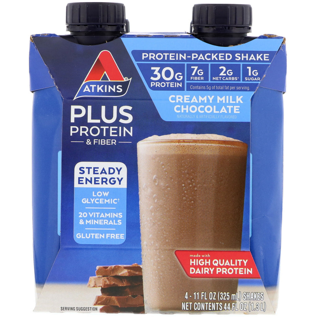 Atkins, Plus proteine ​​și fibre, ciocolată cremoasă cu lapte, 4 shake-uri, 11 fl oz (325 ml) fiecare