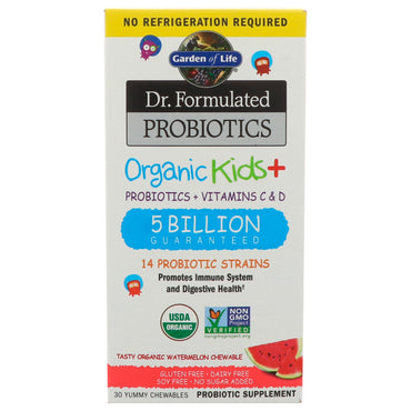 Garden of Life, Probióticos formulados por el Dr., Kids+, Probióticos + Vitaminas C y D, 5 mil millones, Sabrosa sandía, 30 deliciosos masticables