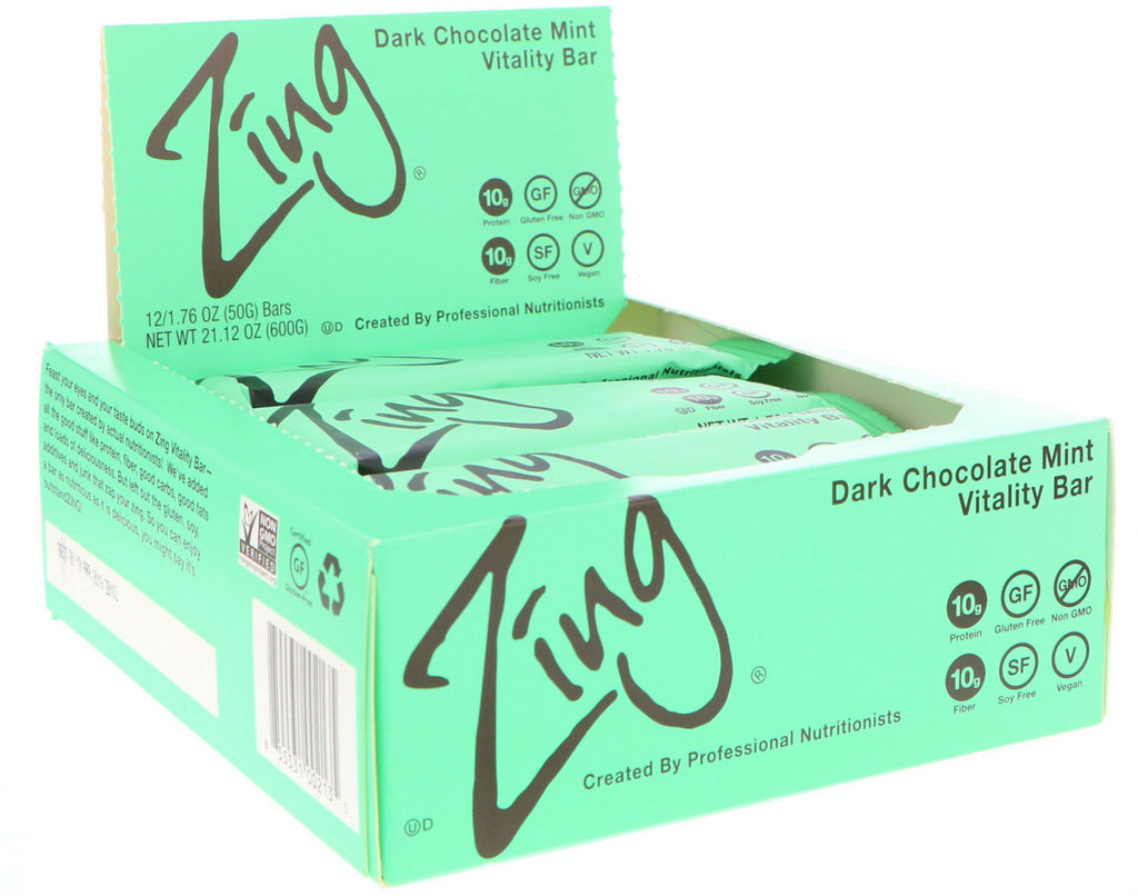 Zing Bars, Vitality Bar, Dark Chocolate Mint, 12 barer, 1,76 oz (50 g) hver