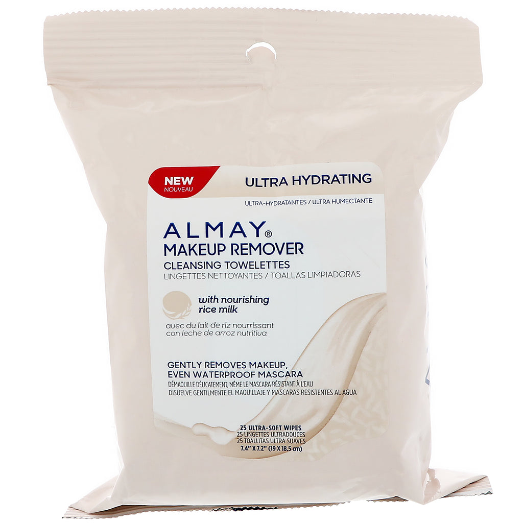 Almay, ultrafuktende sminkefjerner-rensehåndkle, 25 ultramyke våtservietter