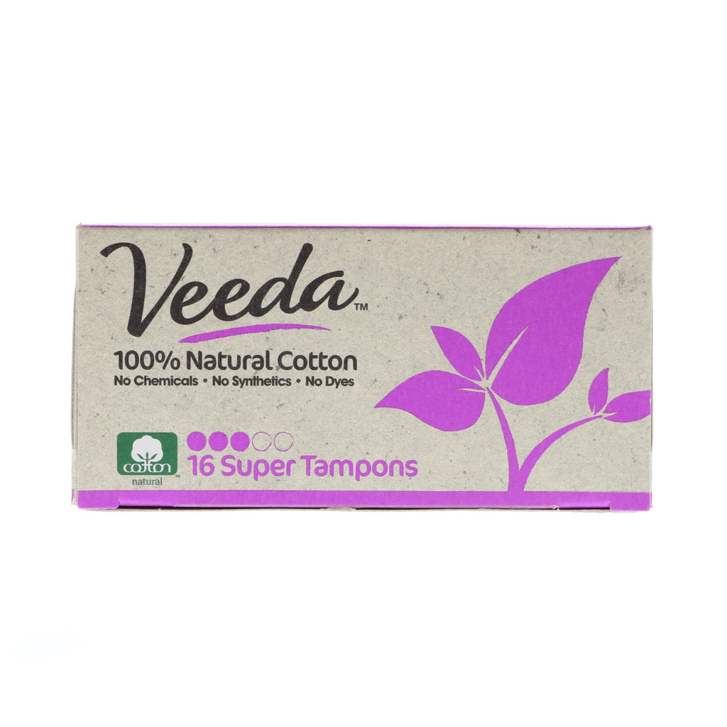 Veeda, tampon en coton 100 % naturel, Super, 16 tampons