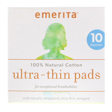 Emerita, 100% Natural Cotton Ultra-Thin Pads, Daytime, 10 Pads
